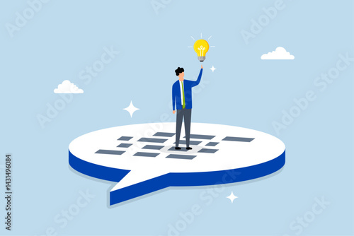 Communication to solve problem, businessman on speech bubble with idea.