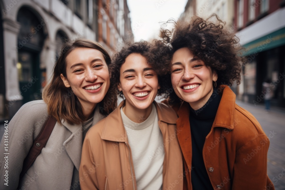 Fototapeta premium Smiling three young friends posing for a shot in the city