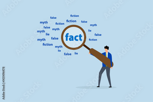 Fact checking, businessman with magnifying glass analyze fact from false info.