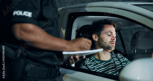 Fotografía Man, police and writing of ticket fine, registration and speeding for traffic warning