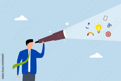 Product discovery, businessman discover light bulb idea through telescope.