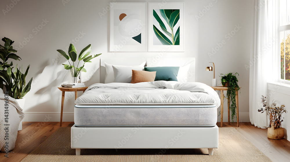 Fototapeta premium A white bed with a white mattress and a green plant on the left side. Generated using AI.