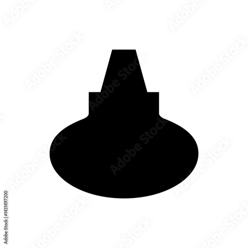 Silhouette of a pear shaped object with a narrow neck and a conical top against a white background space