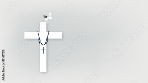 White cross with rosary and butterfly symbolizing hope and resurrection