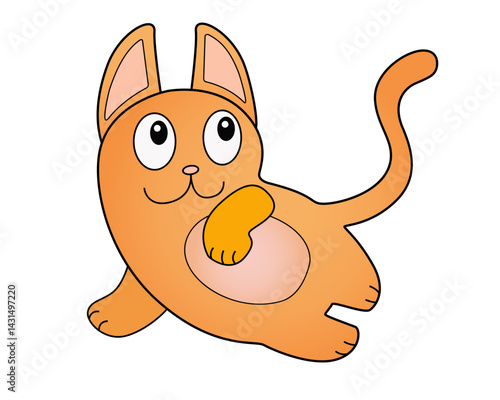 Cat. Cute, funny, children's stylized ginger kitten with a pink belly and ears. Vector full color cat for kids in the style of lost kittens. Kitties