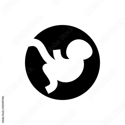 Silhouette of a fetus inside a black circle representing pregnancy and prenatal development in monochrome style