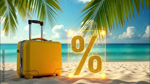 Golden glowing sign percentage And yellow suitcase on seashore with tropical palm trees in light sun, ocean sunset background. Hot summer sale and discounts, burning tour banner, flyer. 