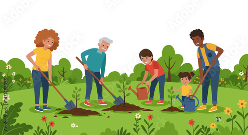 Family planting flowers together in a bright garden, concept of caring for nature and nature conservation, instilling care for caring for nature in children