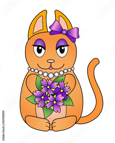 Red cat in cartoon style - stock illustration. Kitty is a fashionista with a purple bow, pearl beech and a bouquet of flowers. Beautiful cat in holiday dress and makeup - vector	