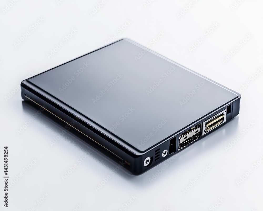 External hard drive with a sleek black design and various connection ports. External hard drive with a sleek black design and various connection ports.