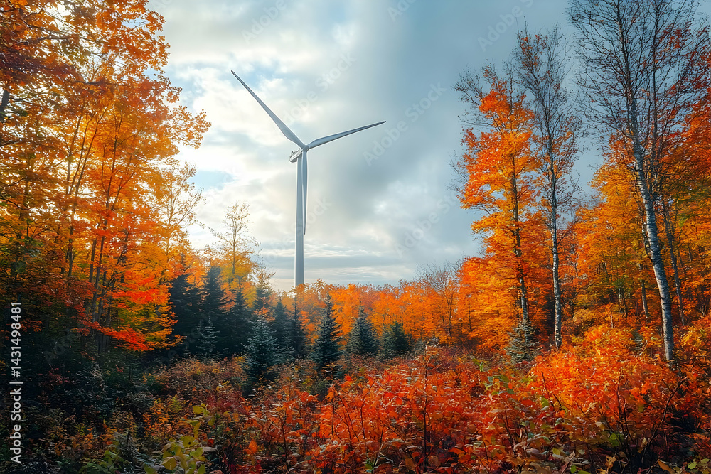 Obraz premium Vibrant autumn landscape featuring a wind turbine amidst colorful foliage and cloudy skies
