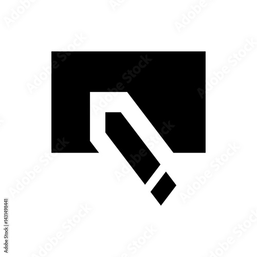 A graphic design showing a black rectangle with a white arrow emerging from it pointing downwards right