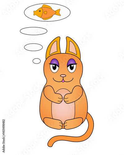 Kitty is meditating or dreaming of a delicious fish. Kitty is sitting in lotus position and is thinking. Vector full color cat for kids in the style of lost kittens. Kitties. Cute, funny, kitten.
