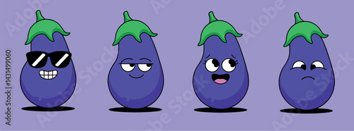 Four cartoon eggplants exhibit a range of emotions including happiness, coolness, disinterest, and surprise, set on a vibrant purple backdrop