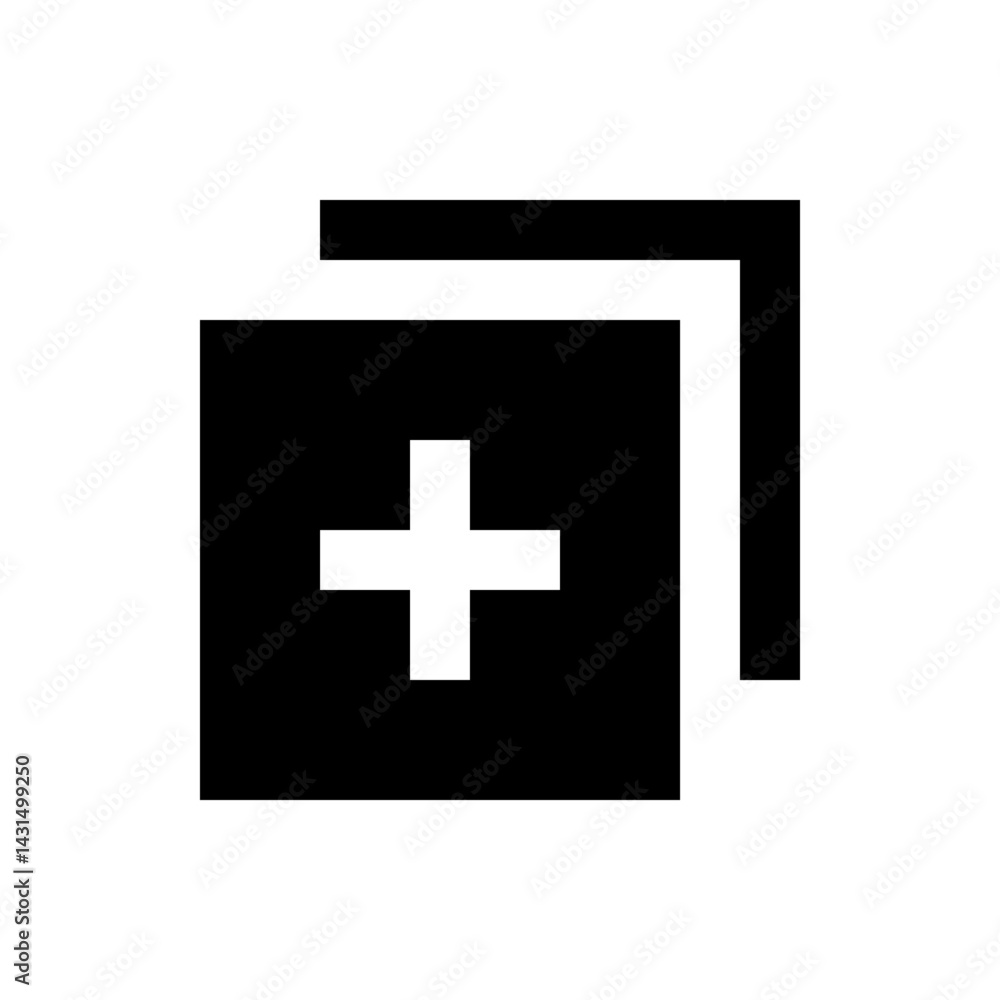 Abstract depiction of a black square with a white plus sign and a white border on the right side corner Abstract depiction of a black square with a white plus sign and a white border on the right side corner