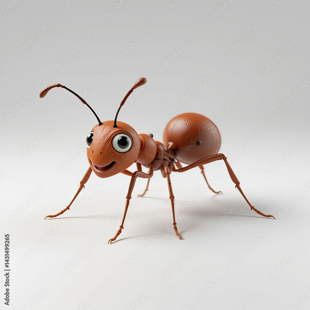 Fototapeta premium A friendly, cartoonish ant character with large eyes and a smiling expression, set against a simple, light background.
