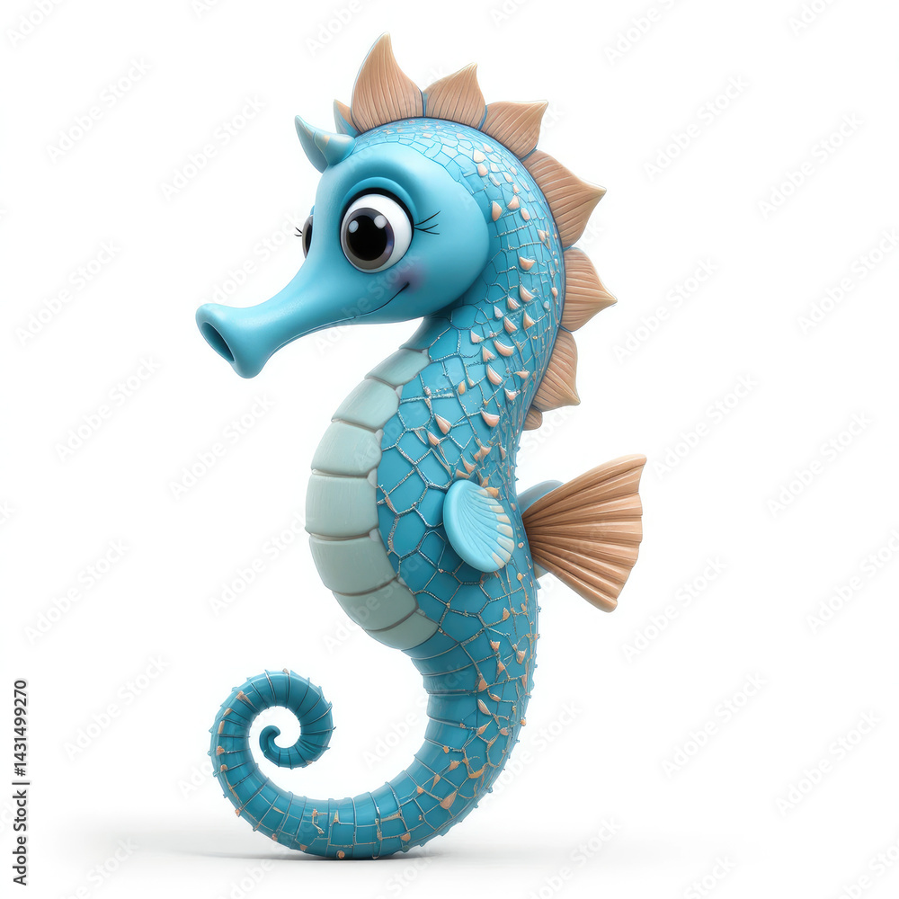 Fototapeta premium A cute, stylized blue seahorse character with large eyes and a textured body, showcasing a playful and whimsical design.