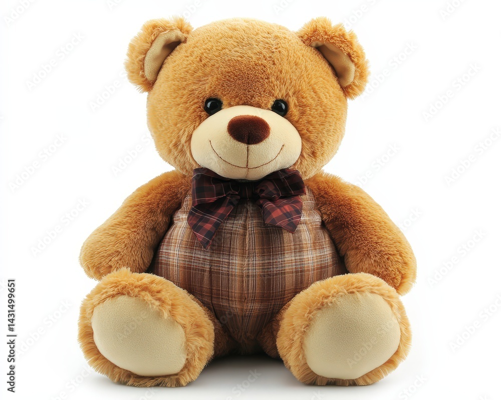Obraz premium Soft teddy bear with a plaid bow tie, perfect for children's gifts and decor.