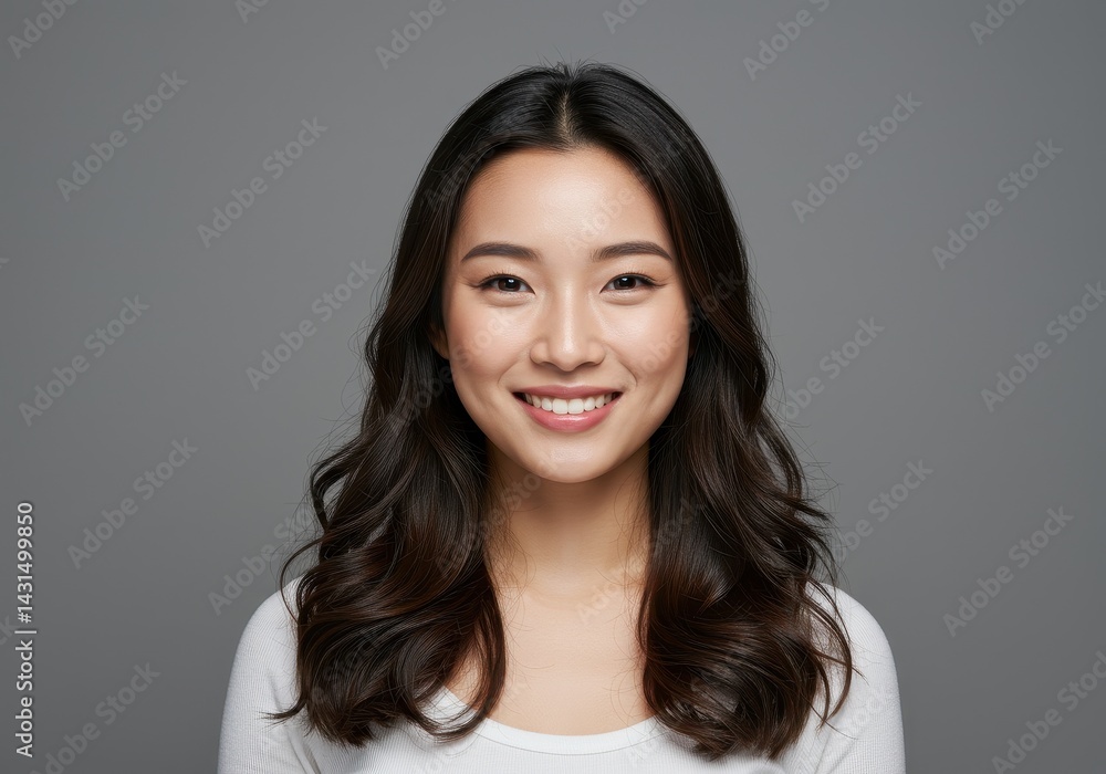 Portrait of smiling asian woman with long dark hair against gray background Portrait of smiling asian woman with long dark hair against gray background