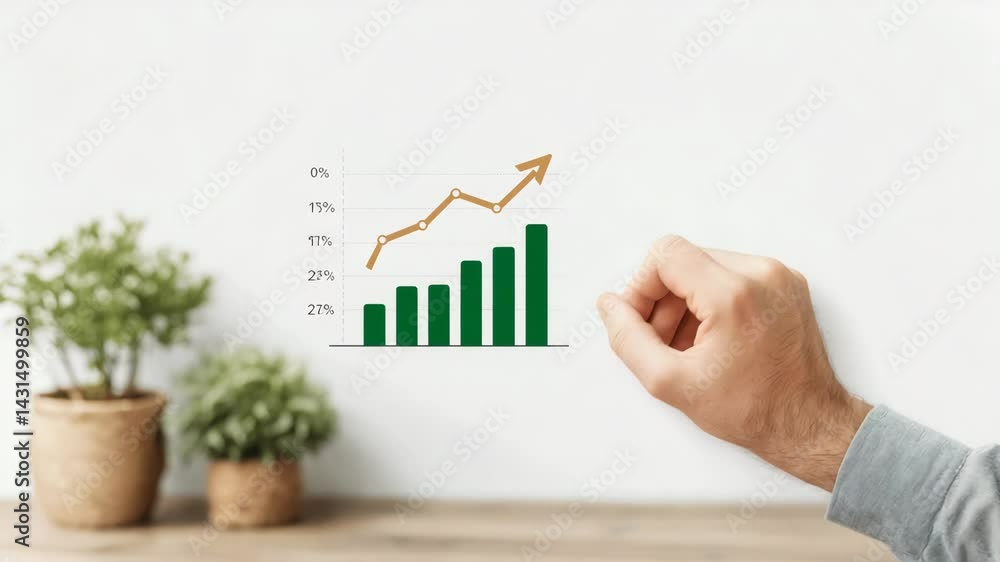 A businessman hand points to a glowing arrow graph. A businessman hand points to a glowing arrow graph.
