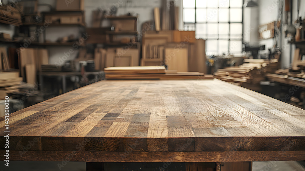 Rustic wooden table in carpenter workshop with wall of blurred woodworking hand tools. Empty workbench surface for carpentry product presentation, mockups, background. Woodcraft DIY, home renovation Rustic wooden table in carpenter workshop with wall of blurred woodworking hand tools. Empty workbench surface for carpentry product presentation, mockups, background. Woodcraft DIY, home renovation