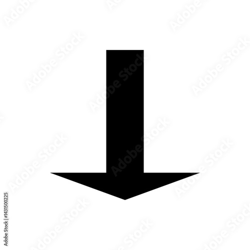 A simple black arrow pointing downwards on a white background indicating direction or movement downward exactly