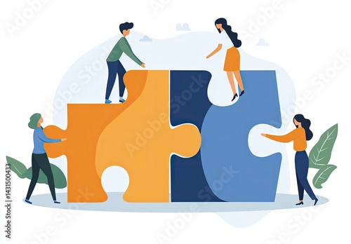 Four individuals collaboratively assemble a large puzzle, symbolizing teamwork and problem-solving