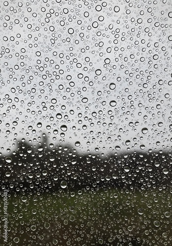 Raindrops on a window create a textured effect, blurring the landscape beyond into soft shapes.