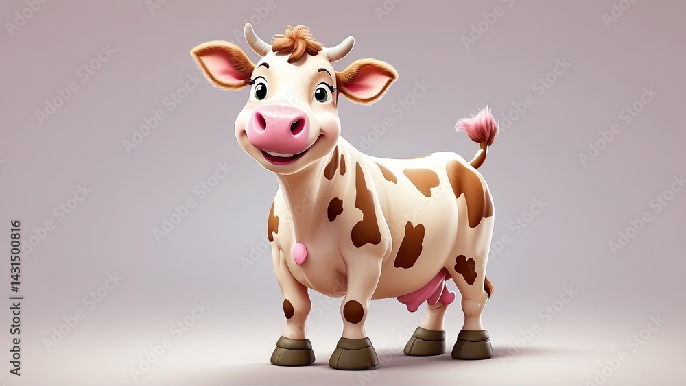 Cute Cartoon Cow with Brown Spots and Pink Udder on White Background Cute Cartoon Cow with Brown Spots and Pink Udder on White Background