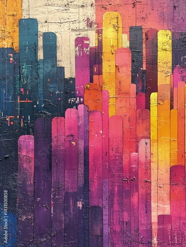 Abstract painting of a cityscape with vibrant colors and geometric shapes.