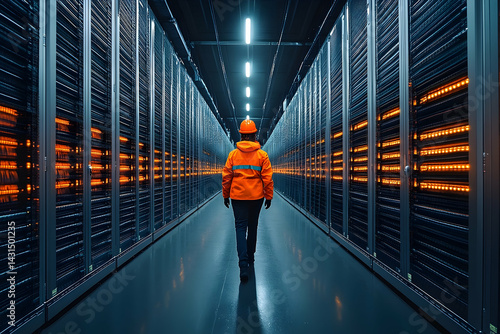 Worker in safety gear walks through a high-tech data center with glowing servers