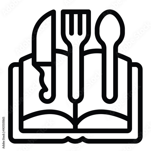 Utensil on recipe book line icon, culinary cooking concept. Vector graphics. Cooker book with spoon, fork and knife sign on white background, style for mobile or design.
