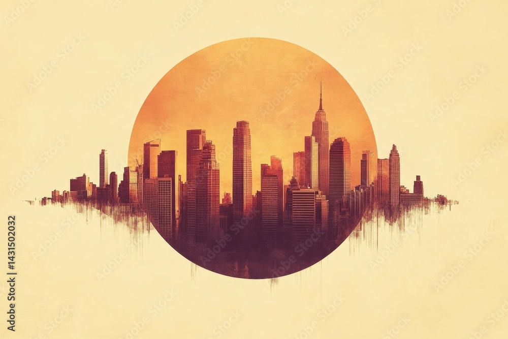 Obraz premium A stylized, warm-toned cityscape silhouette encircled by a sun-like disc.