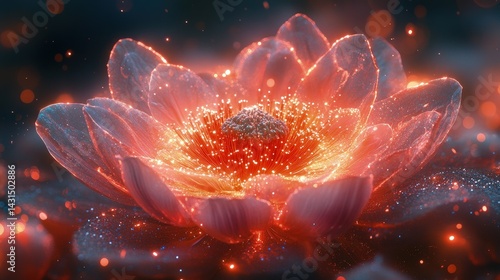 Glowing pink flower with soft petals and bright center surrounded by bokeh.