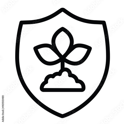 Plant sprout on badge line icon, eco tourism concept. Vector graphics. Shield with plant, planting sign on white background, style for mobile or design.