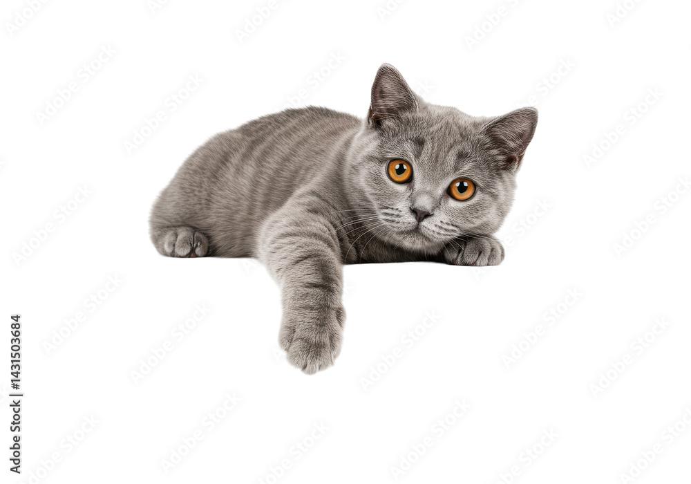 Obraz premium A gray cat with orange eyes reclines paw dangling over edge looking intently