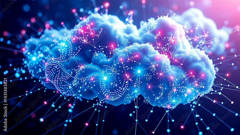 Futuristic Cloud Network with Neon Data Nodes and Digital Fragment Explosion – 3D Concept Art Futuristic Cloud Network with Neon Data Nodes and Digital Fragment Explosion – 3D Concept Art