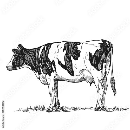 Beautifully detailed vector illustration of black and white cow standing gracefully. Ideal for agricultural themes, dairy industry, or farm-related projects.