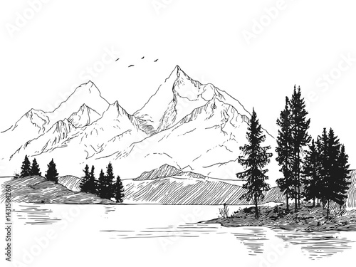 Stunning black and white vector illustration featuring majestic mountains and serene lakeside trees. Ideal for nature enthusiasts, travel themes, and outdoor adventure projects.