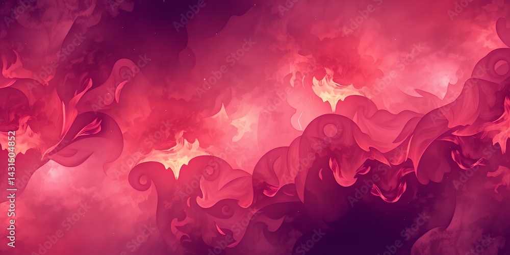 Abstract painting showing swirling clouds in shades of red and dark purple hues artwork