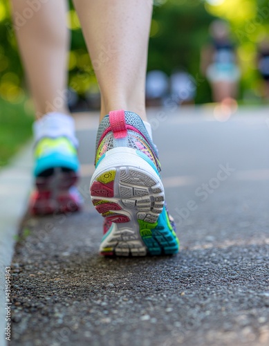Close-up of a woman's colorful running shoes captured mid-race, showcasing energy, motion, and athletic style. The dynamic moment highlights the vibrant footwear and the determination of the runner.