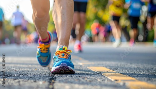 Close-up of a woman's colorful running shoes captured mid-race, showcasing energy, motion, and athletic style. The dynamic moment highlights the vibrant footwear and the determination of the runner.