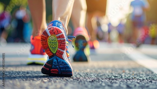 Close-up of a woman's colorful running shoes captured mid-race, showcasing energy, motion, and athletic style. The dynamic moment highlights the vibrant footwear and the determination of the runner.