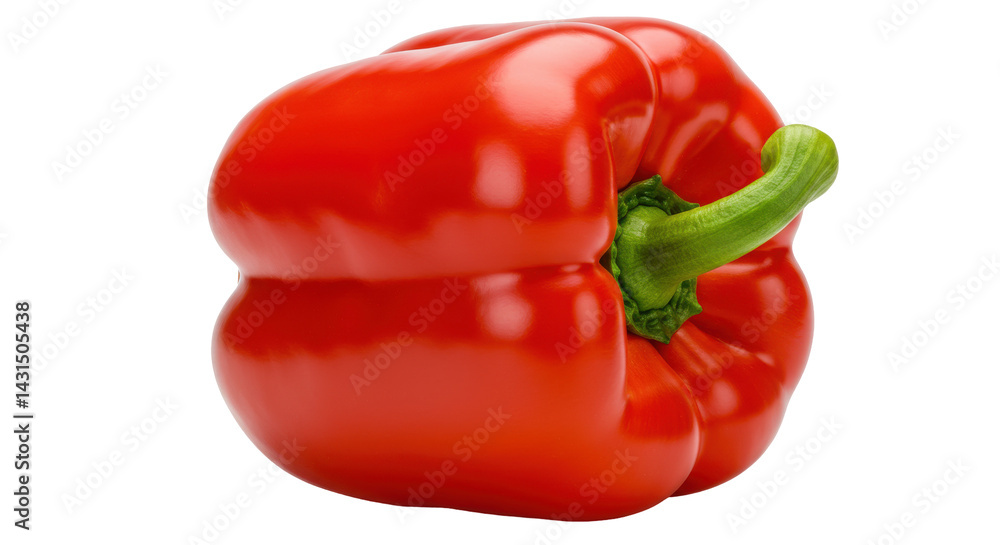 Vibrant red bell pepper, showcasing its curves and bright green stem against a black backdrop Vibrant red bell pepper, showcasing its curves and bright green stem against a black backdrop