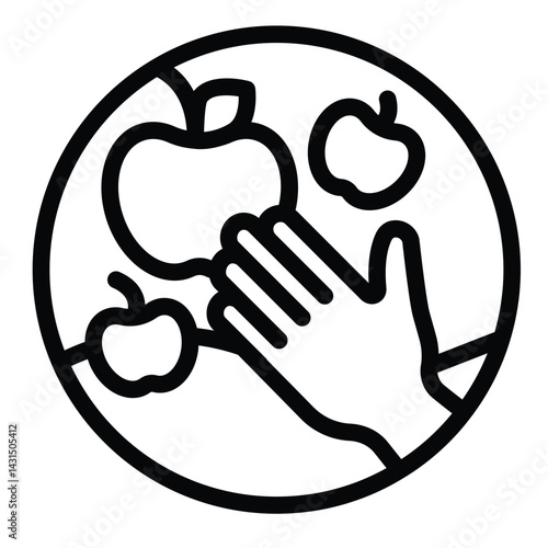 Hand and apple fruit line icon, eco tourism concept. Vector graphics. Fruit with hand, harvest sign on white background, style for mobile or design.