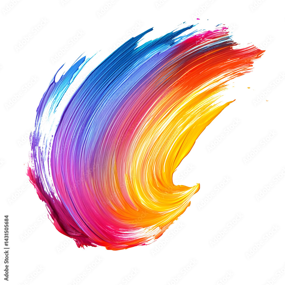 Colorful paint brush stroke with blended rainbow shades of blue purple red orange yellow and pink in a dynamic curved motion on a transparent background