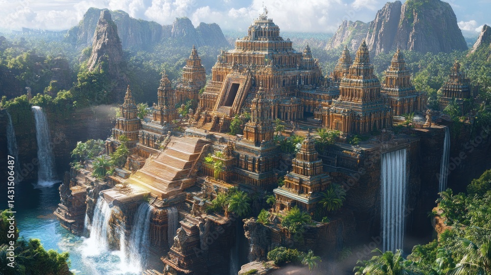 Fototapeta premium Majestic Temple City by Waterfall: A Digital Masterpiece