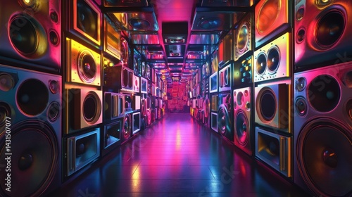 Fototapeta Naklejka Na Ścianę i Meble -  Neon sound tunnel, vibrant audio corridor, reflecting interior, use for music event, music background