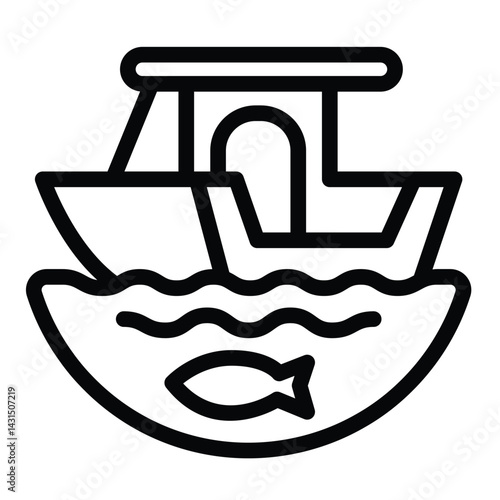 Boat on water waves and fish line icon, eco tourism concept. Vector graphics. Fishing motorboat, water transport sign on white background, style for mobile or design.