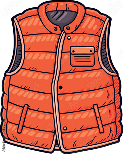 Bright Orange Puffer Vest Vector Illustration with Detailed Stitching, Zipper Closure, and Multiple Pockets for Trendy Winter Outerwear Design Projects